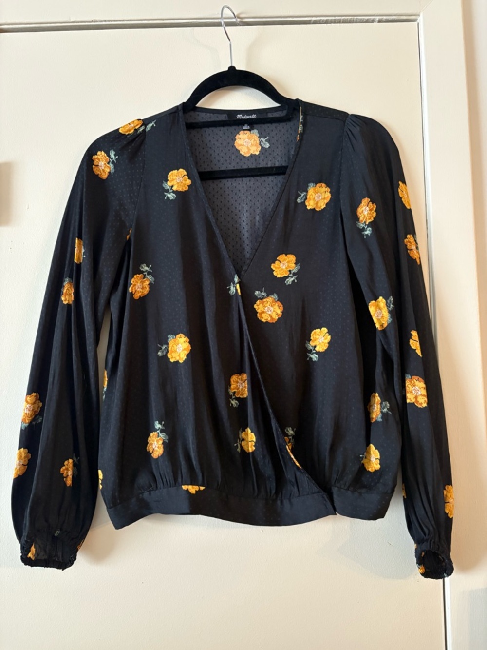 Madewell Black Wrap V-Neck Blouse with Yellow Floral Print
